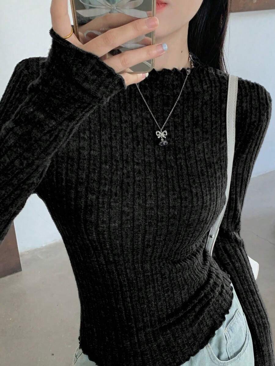 DAZY 女士立领羊毛面料修身长袖T恤，秋季服装 - 黑色 - 查看 1