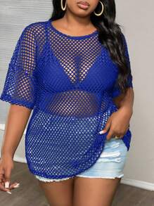 Slaydiva Plus Size Semi-Sheer Loose Fit Crew Neck Regular T-Shirt With 3/4 Sleeves, Casual Street Style, Spring/Autumn - Royal Blue - View 5