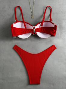 SHEIN Swim Springbreak Women 2pcs Solid Color Ribbed Racerback Wireless Bandeau Bikini Set With Cheeky Bottoms, Summer Beach Vacation Festival Boho - Red - View 2