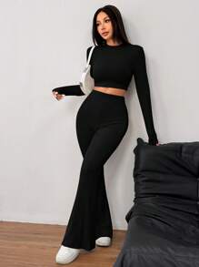 SHEIN EZwear 2pcs Set: Solid Color Knitted Round Neck Long Sleeve Cropped Fitted T-Shirt & High Waist Flare Pants, Women - Black - View 1