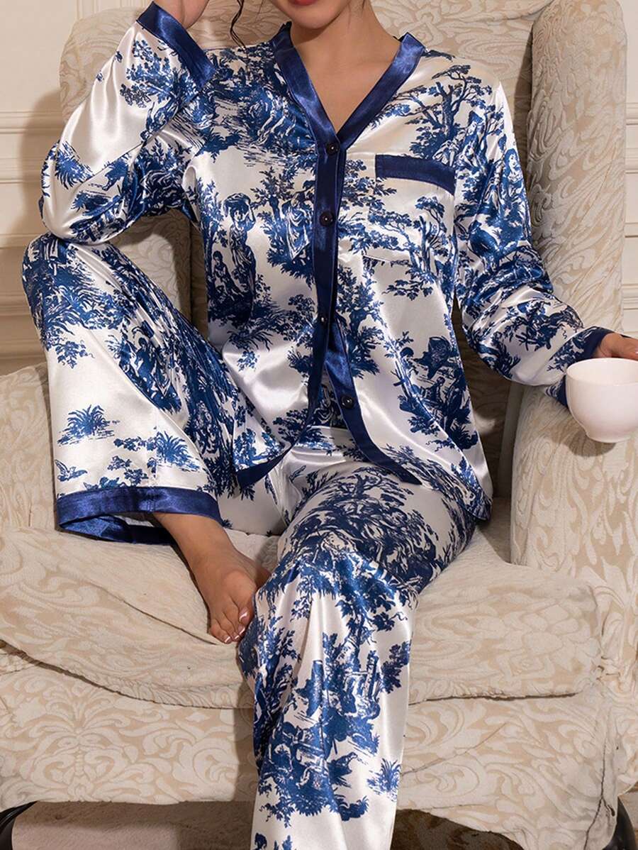 LuxeNights Elegant Vintage Blue Ink Color Button Pocket Long Sleeve Top & Pants Women's Pajama Set, Autumn/Winter, Fall Clothes  Cozy And Elegant Details