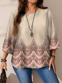 EMERY ROSE Plus Size Women Wide Print Round Neck Loose 3/4 Sleeve Shirt, Suitable For Autumn/Winter