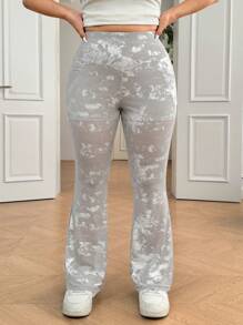 SHEIN EZwear Plus Size Metallic Foil Print Slimming Flare Pants With Pockets, Spring/Summer