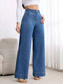 EMERY ROSE Women's Simple Front Button Pocket Denim Jeans, Casual Daily Wear - Medium Wash - View 6