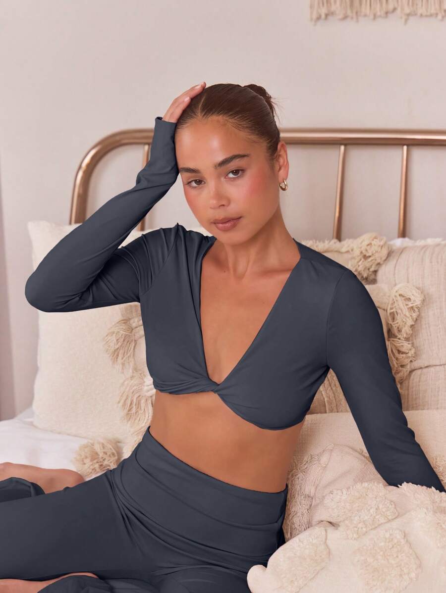 Musera Sport Twist Front Extreme Crop Long Sleeve Top, Padel, Tennis, Pickleball Gym Fitness - Dusty Blue - View 1