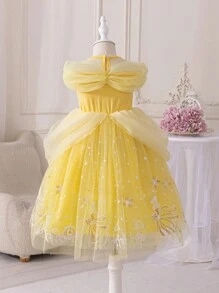 Glamorique Kids Yellow Princess Dress, Girls' Dress, Four Seasons Style, Princess Style Dress, Gorgeous, Suitable For Parties, Birthday Parties, Large Events, Performances, Pink Mesh, Printed Dress, Four Seasons Daily Wear, Gemstones, Stage, Performances - Yellow - View 2