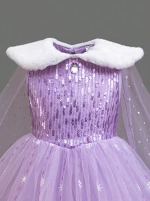 Glamorique Kids Young Girl Princess Dress, Purple Snowflake Print Mesh Fluffy Skirt, White Fur Collar Sequin, Star & Moon Cape, European & Stage Performance Costume, Flower Girl Dress