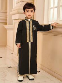 SHEIN 2pcs Set Young Boy Splice Ribbon Stand Collar Long Sleeve Long Robe And Button Half Placket Long Top - White - View 3