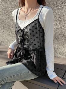 FRIFUL Débardeur à bretelles spaghetti texturé noir pour femmes, superposé avec un nœud papillon à nouer, transparent, top babydoll d'été