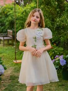 SHEIN Tween Girl 优雅休闲百搭泡泡袖中长连衣裙，欧根纱花卉饰边，适合外出、聚会、春季、夏季、秋季、特殊场合 - 杏色 - 查看 6