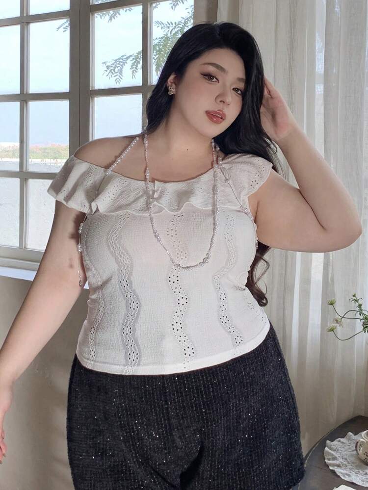 Dazy Plus Lace Ruffle Collar Deep V-Neck Short Sleeve Vacation Style T-Shirt, White, Spring/Summer Delicate Lace Women Clothing Summer Tops,Crop Tops Women Going Out Tops