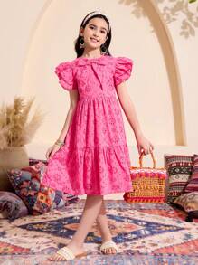 SHEIN 1pc Tween Girl Ruffled Cap Sleeve Large Bow Cutout Floral Print Vacation Dress, Suitable For Outdoor Holiday, Spring/Summer,Holiday Summer Travel - Hot Pink - View 5