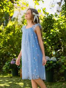 Wildeya Tween-Mädchen Ärmelloses Kleid, elegantes, wunderschönes, süßes Netzvolant-Kleid mit bunten Schmetterlingen, blau, geeignet für Sommer und Frühling, geeignet für Partys und Feiertage