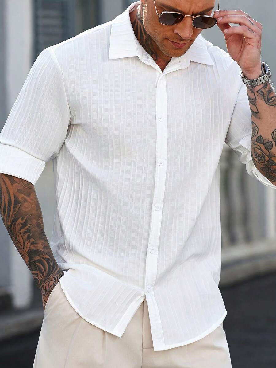 Manfinity Homme Men's Solid Color Button Front Long Sleeve Casual Shirt, Daily Wear - White - View 1