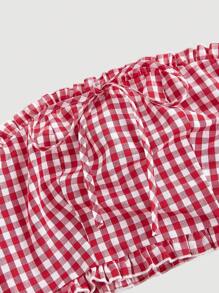 SHEIN MOD 2 件套女士红色格子短款抹胸上衣和荷叶边迷你裙 - 紅色 - 查看 3