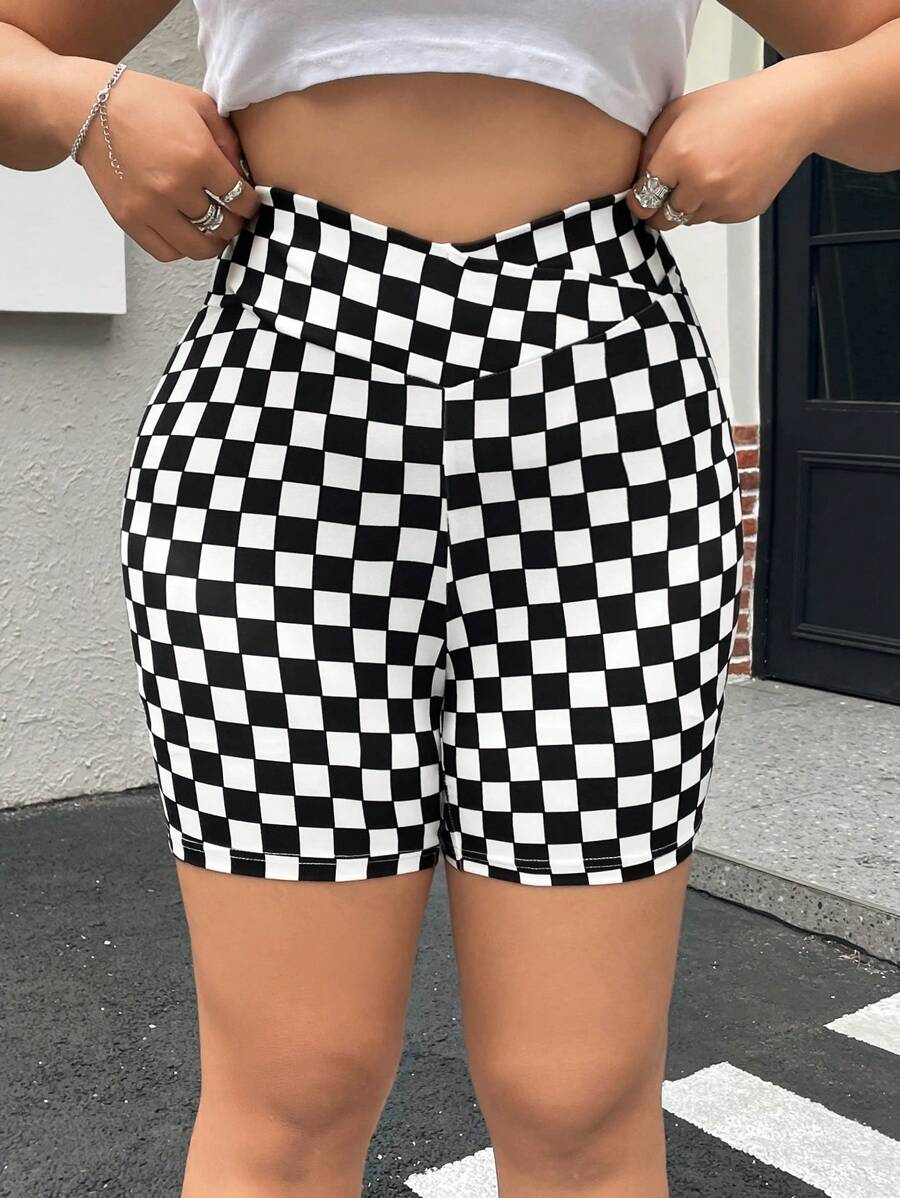 Muchica Plus Size Gym Women Clothes,Checkered Pants,Black & White Plaid Print Slim Fit Leggings, Casual For Vacation,Spring Summer Clothes - Multicolor - View 1