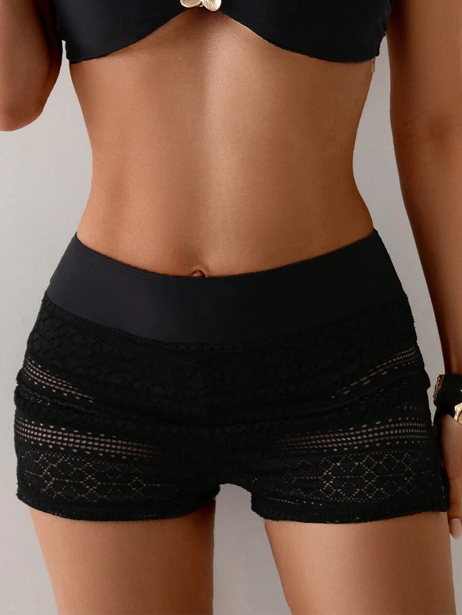 SHEIN Swim Women's Beach Vacation Wide Leg Shorts, Lace Patchwork Solid Color Swimwear Bottom For Summer Beach Vacation