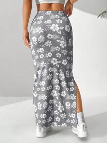 SHEIN EZwear Váy bó sát hở gấu in họa tiết hoa toàn thân cho nữ, thường ngày & đi nghỉ - Xám - Xem 2