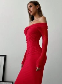 Aloruh Vestido romántico para mujer con hombros descubiertos, manga larga, malla trenzada y fruncido - Rojo - Ver 3