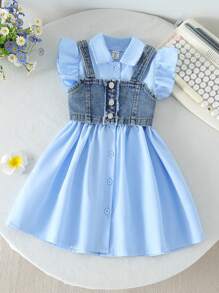 SHEIN 2pcs/Set Girls Summer Chic Outfit - Halter Neck Sleeveless Dress + Turndown Collar Short Cap Sleeve Blouse Dress, Casual & Elegant - Blue - View 1