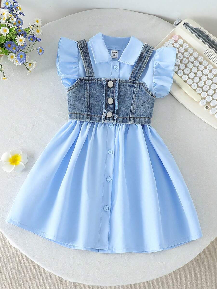 SHEIN 2pcs/Set Girls Summer Chic Outfit - Halter Neck Sleeveless Dress + Turndown Collar Short Cap Sleeve Blouse Dress, Casual & Elegant - Blue - View 1