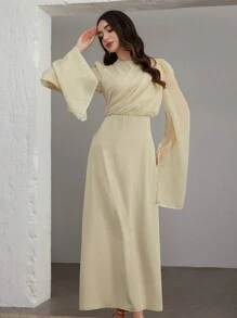 Graceveil Women's Solid Color Crew Neck Long Sleeve Mesh Patchwork Elegant Dress - Apricot - View 2