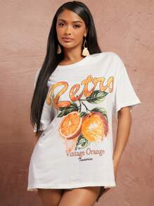 SHEIN SXY 春夏约会夜店情人节婚礼优雅度假装生日装女士水果字母印花白色超大基本款 T 恤上衣