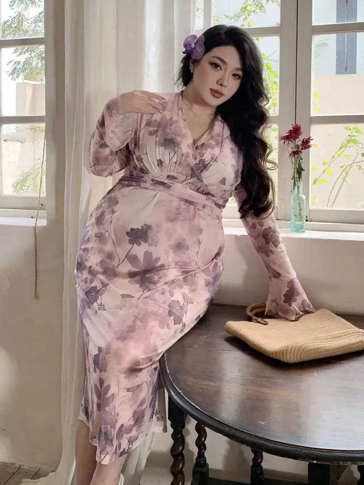 Dazy Plus Plus Size Floral Print Wrap Dress With Flare Sleeves, Holiday & Vacation, Spring/Fall Long Sleeve Dress