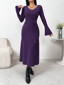 Modelyn 女式 3D 花卉装饰喇叭袖纯色针织紫色毛衣连衣裙，适合秋冬季