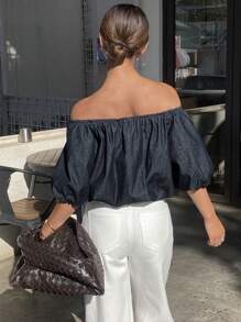 DAZY Women's Off Shoulder Short Sleeve Ruffle Denim Top