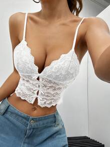 SHEIN EZwear 细肩带蕾丝边吊带背心，蝴蝶结装饰，露背系带 - 白色 - 查看 1