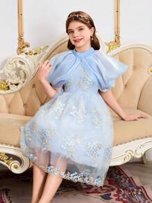 Tween Girl Embroidered Luxurious Elegant Dress, Magnificent High-End Glamour Party Gown
