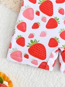 Newborn Girl Cute Strawberry Print Long Sleeve Ruffle One Piece Swimsuit With Sun Hat
