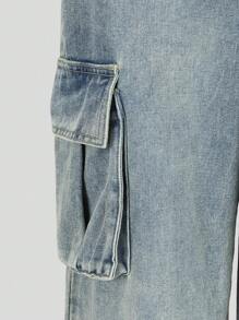 Teen Boys Vintage Blue Loose Casual Urban Streetwear Cargo Pockets Distressed Denim Jeans - Medium Wash - View 7