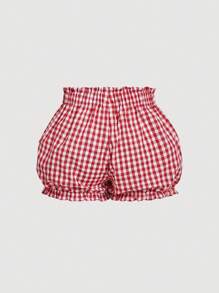 SHEIN MOD 女士红色泡泡格子灯笼短裤，夏季，茶会，情人节，夏季女士，可爱迷你短裤 - 紅色 - 查看 2