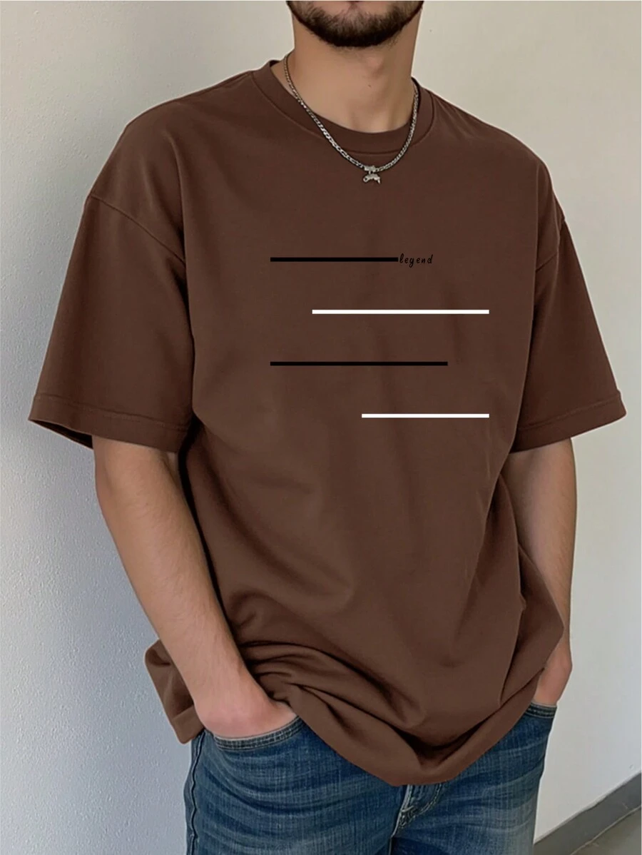 Manfinity Homme 大码男士休闲简约条纹短袖 T 恤 - 咖啡棕 - 查看 1