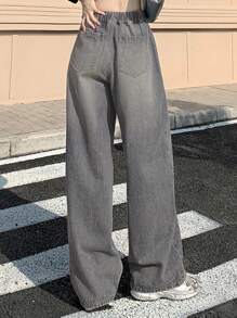 DAZY 女士系带前口袋简约牛仔裤，休闲日常穿着 - 灰色 - 查看 2