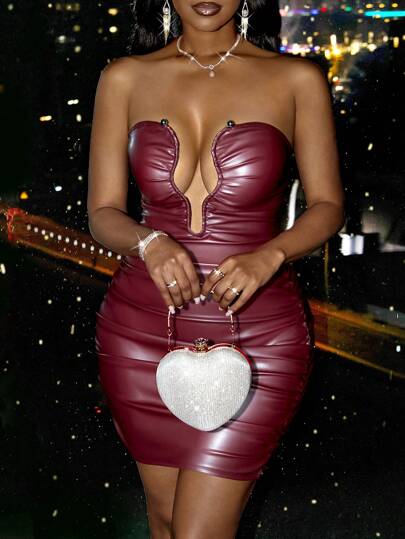 Slaydiva Summer New Music Festival, Easter, St. Patrick's Day, Western, Nomadic Style Dress, Suitable For Birthday Party, Graduation, Student Wear, Casual, Vacation, Cruise Travel, Beach, Sunbathe, Street Style, Elegant, Sexy, Gold Button, Strapless, Deep V-Neck, PU, Red Women Dress