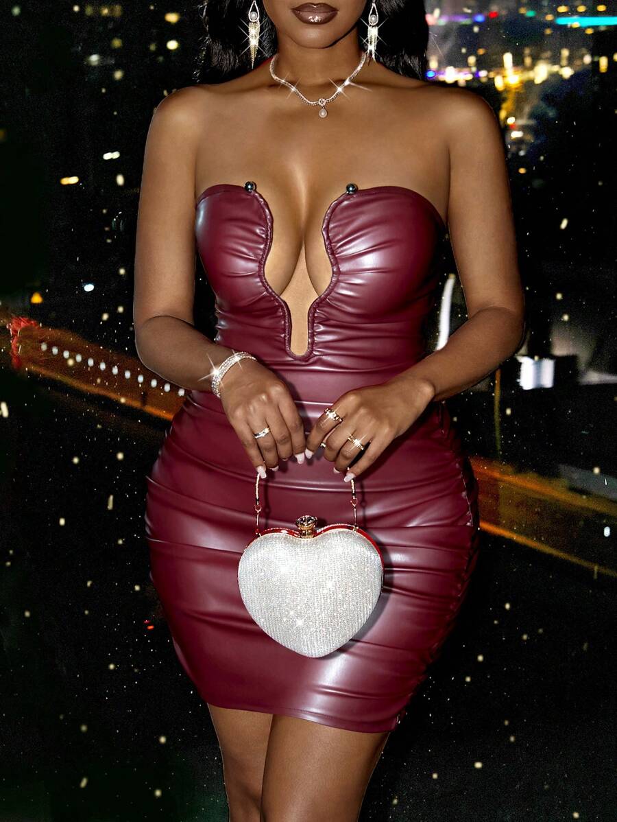 Slaydiva 夏季新款音乐节、复活节、圣帕特里克节、西部、游牧风格连衣裙、适合生日派对、毕业典礼、学生装、休闲、度假、邮轮旅行、海滩、日光浴、街头风格、优雅、性感、金色纽扣、露肩、深 V 领、PU、红色女装 - 酒紅色 - 查看 1