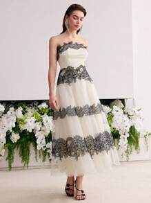 MOTF Soiréza CONTRAST LACE MESH TUBE DRESS - Black and White - View 2