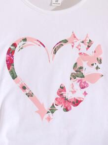 SHEIN Bộ 2 chiếc/Bộ Áo thun cổ tròn tay ngắn in hình trái tim và hoa màu trắng cho bé gái tuổi teen và chân váy in hình hoa màu hồng ngọt ngào, thích hợp mặc đi nghỉ, tiệc tùng, ăn trưa, lễ hội âm nhạc, mặc thường ngày - Hồng - Xem 5