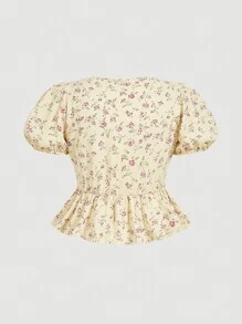 SHEIN MOD 大码圆领泡泡袖前系带黄色碎花衬衫 - 彩色 - 查看 2