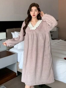 DAZY 法兰绒荷叶边宽松睡袍，可爱荷叶边下摆超大睡衣