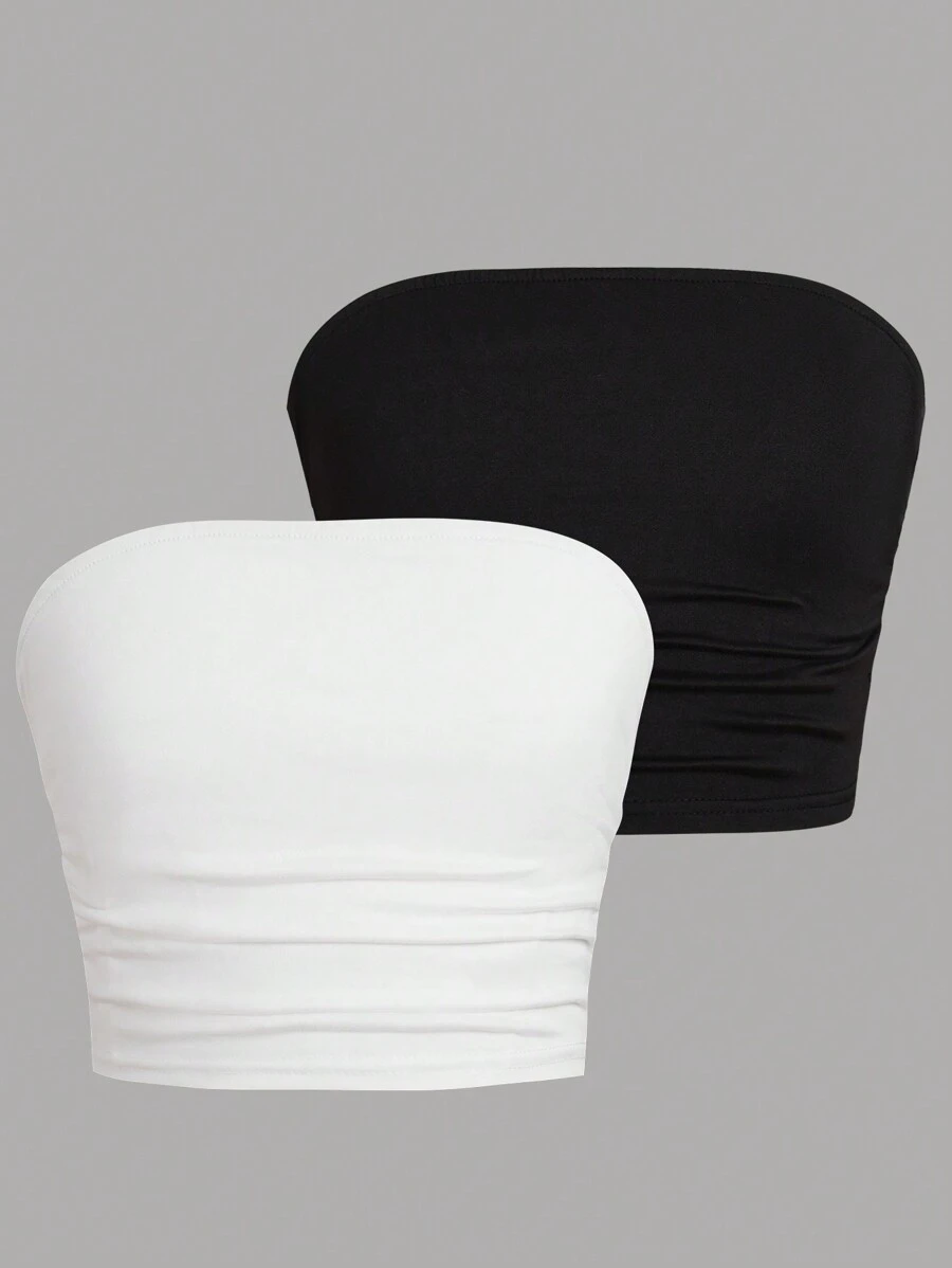 2 peças Tween Girl Backless Cami Tank Top, Branco e Preto, Cor Sólida, Versátil, Recortado, Apertado ao Corpo, Franzido, Sem Alças, Camisola Bandeau Fina Pode Ser Usada Casacos Top Tubo Top Sem Alças Babydoll Top Tubo Sem Alças Sutiã