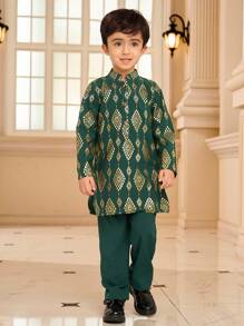 2pcs/Set Young Boy Front Button Long Sleeve All Over Print Casual Top And Pants Set - White - View 1