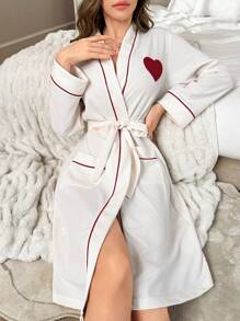 Contrast Color Fine Edged Embroidered Heart Pattern Women's Bath Robe - Apricot - View 1