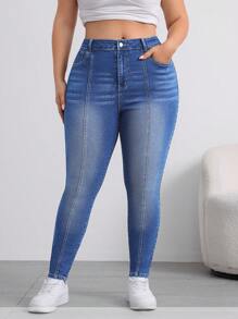 SHEIN Essnce Plus Size Women's Casual Stretch Skinny Jeans, Blue - Medium Wash - View 3