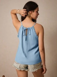 SHEIN Frenchy Women Solid Color Contrast Lace Racerback Camisole