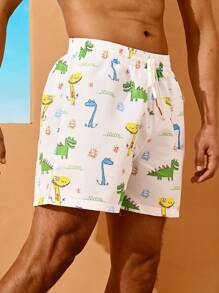 Surfspeed Men's Cartoon Dinosaur Print Drawstring Waist Casual Beach Shorts
