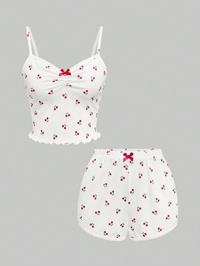 Kawaii Pyjama-Set mit Blumenmuster und durchgehendem Countryside-Print, geripptem Strick und Schleife, Camisole und Shorts für Damen, Sommer